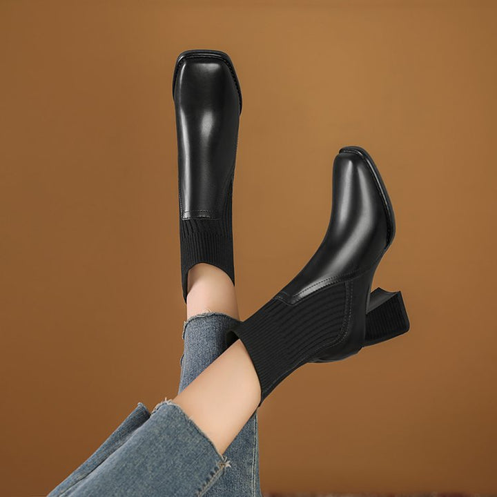 Women Elegant Chunky Ankle Boots with Knit Insert Mune Fashion