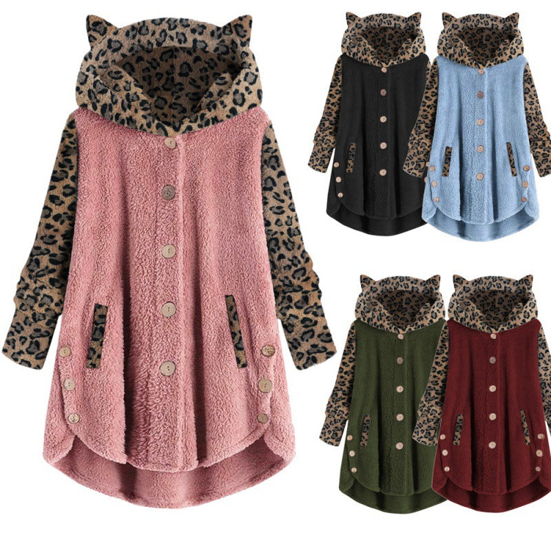 Women's teddy coat with hood, button placket, and contrasting leopard sleeves Mune Fashion