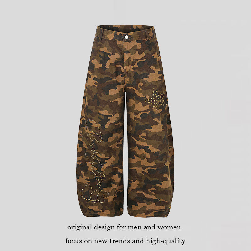 Women's Wide Camouflage Palazzo Pants with Balloon Hem and Studded Details Mune Fashion