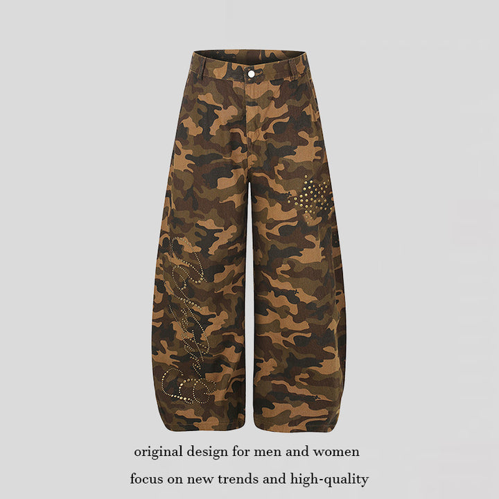 Women's Wide Camouflage Palazzo Pants with Balloon Hem and Studded Details Mune Fashion
