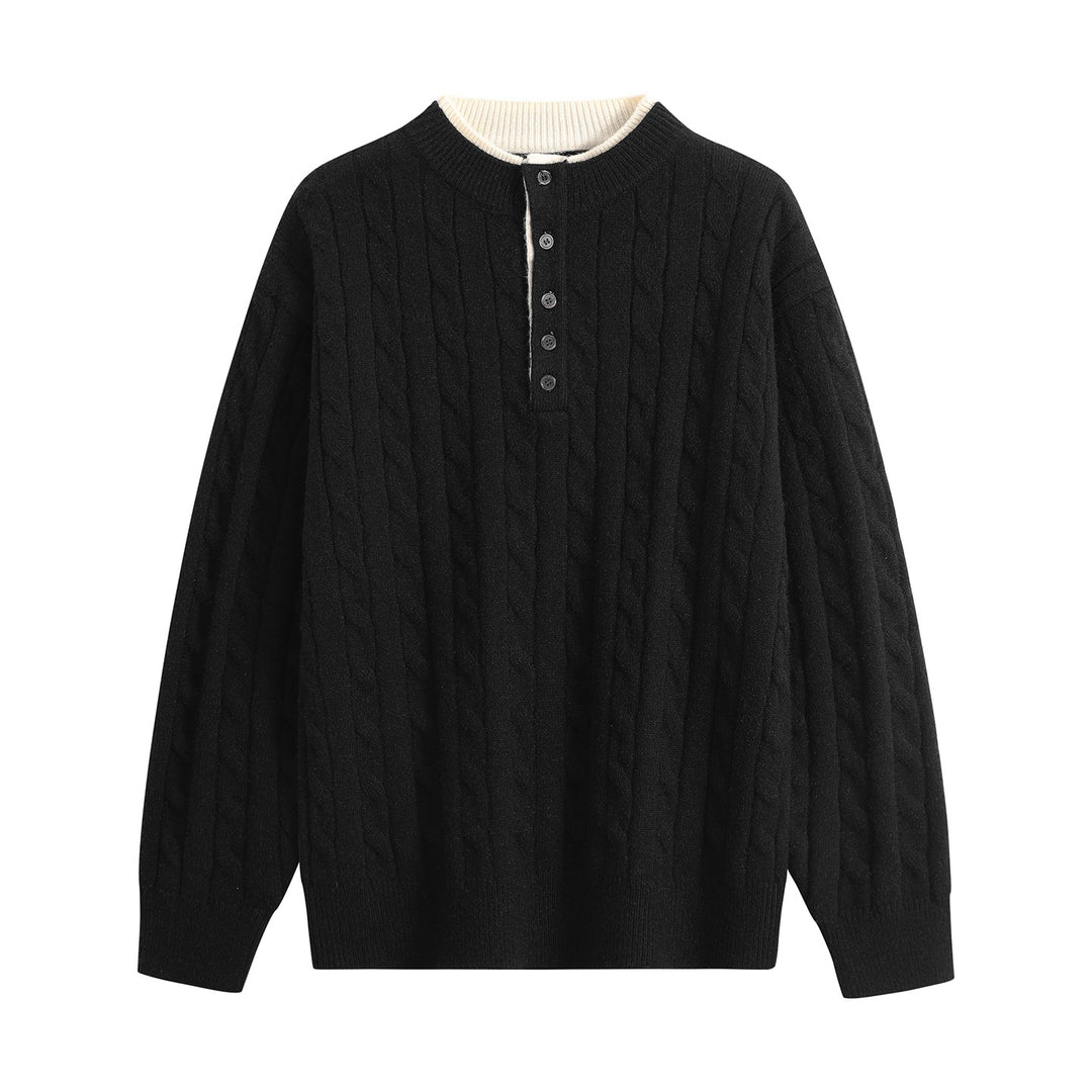 Unisex Oversize Braid Knit Henley Sweater with Button Placket and Ribbed Hem Mune Fashion