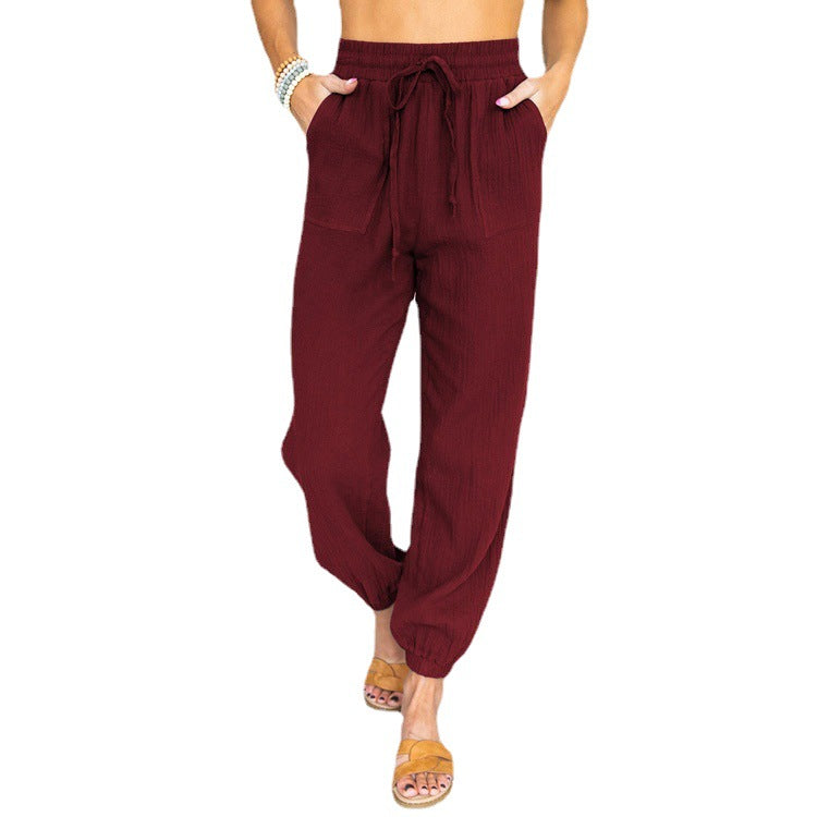 Women's Lightweight Linen Jogger Pants with Drawstring, Patch Pockets, and Elastic Cuffs Mune Fashion