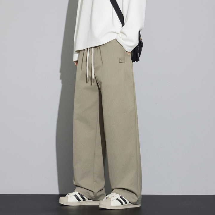 Men's Wide Relaxed-Fit Fabric Trousers with Drawstring & Crease Mune Fashion