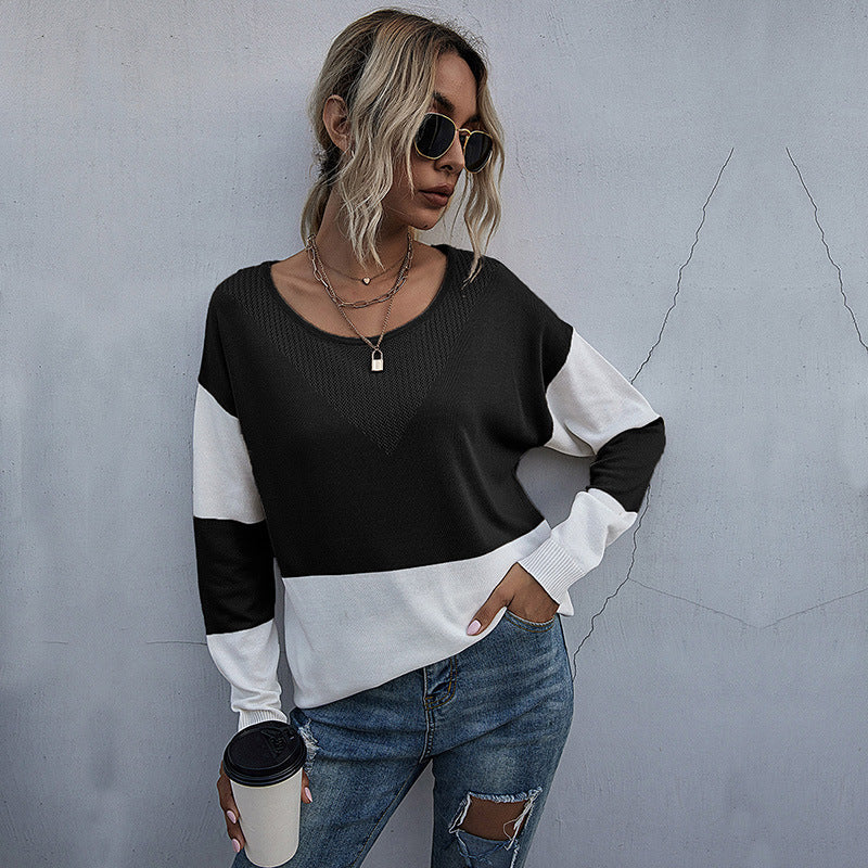 Women's Casual Knitted Sweater with V-Neck and Color Block Mune Fashion