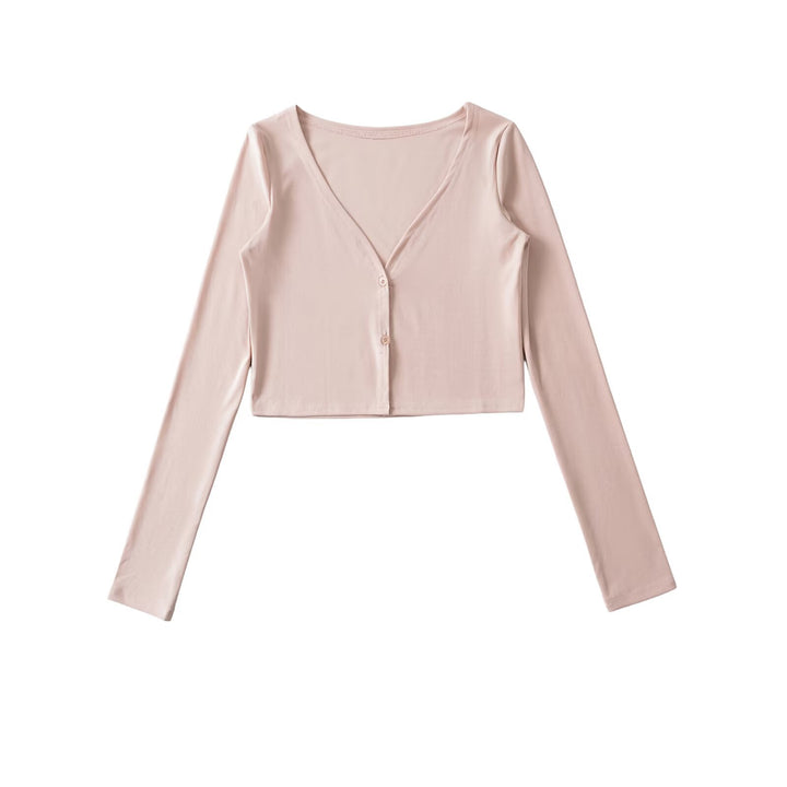 Women Cropped Jersey Cardigan with Deep V-Neck and Narrow Button Placket Mune Fashion