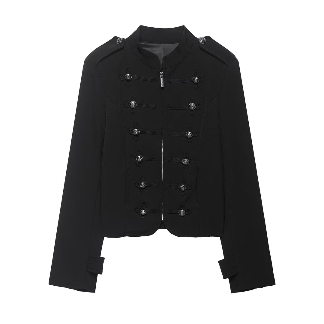 Women’s military-inspired short jacket with stand-up collar, decorative cords, and epaulettes Mune Fashion