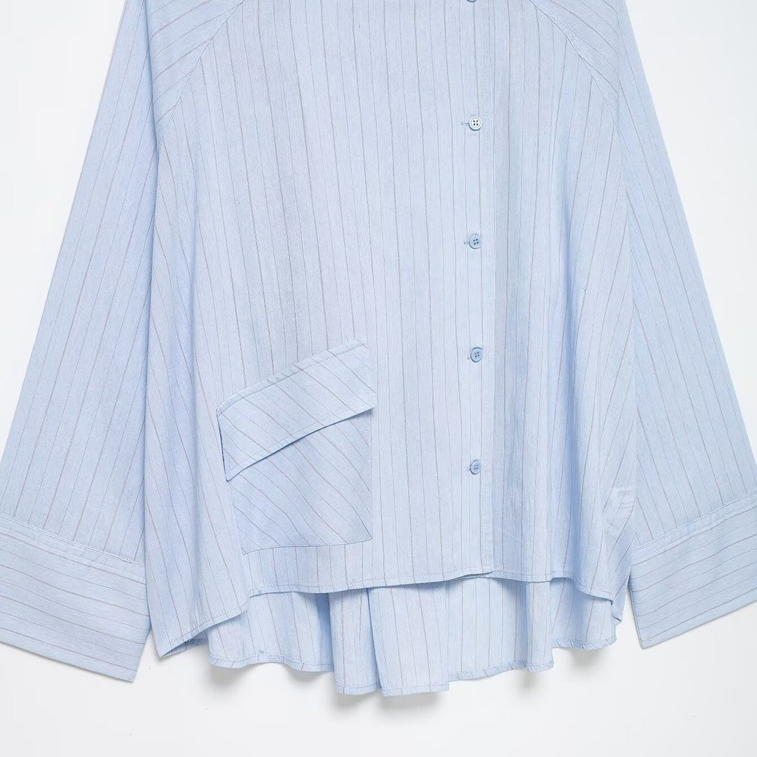 Women's Oversized Striped Shirt Blouse with Stand-Up Collar, Asymmetrical Button Placket and High-Low Hem Mune Fashion