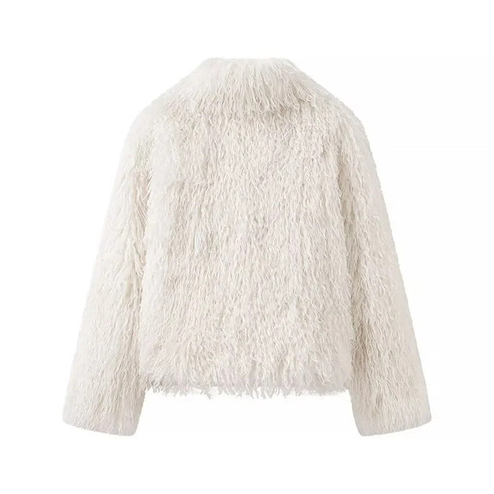 Women's short faux fur jacket with open cut and voluminous long hair look Mune Fashion