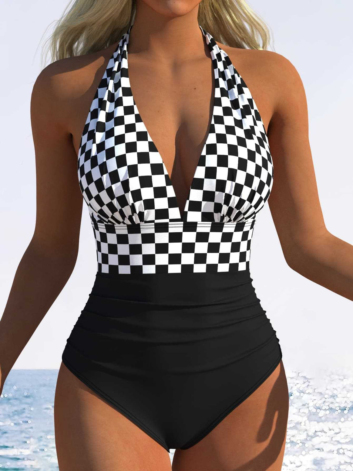 Women's one-piece swimsuit with floral V-neckline and high waistband Mune Fashion