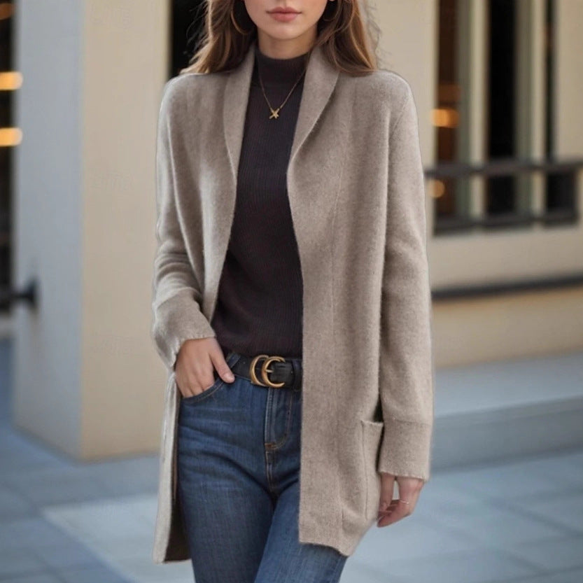 Women's Open Long Cardigan made of Soft Knit with Applied Pockets Drune