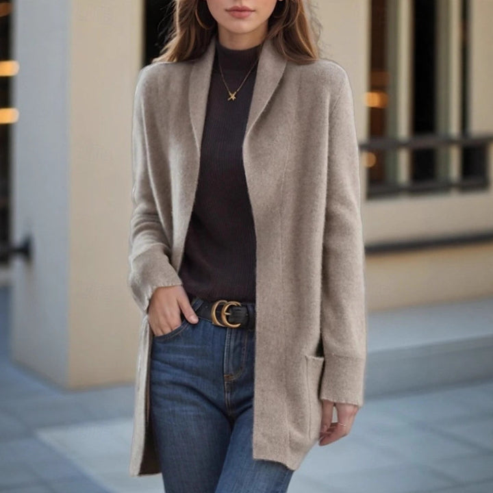 Women's Open Long Cardigan made of Soft Knit with Applied Pockets Drune