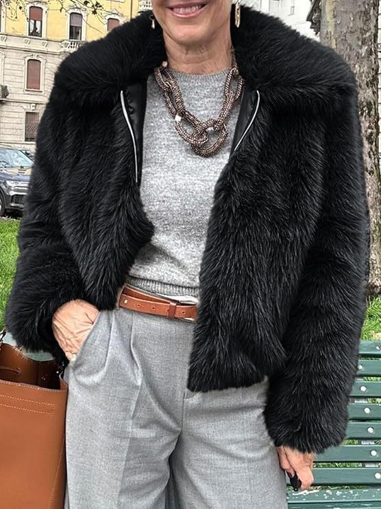 Women's short jacket made of vegan high-pile faux fur in a straight boxy cut with concealed zipper Mune Fashion