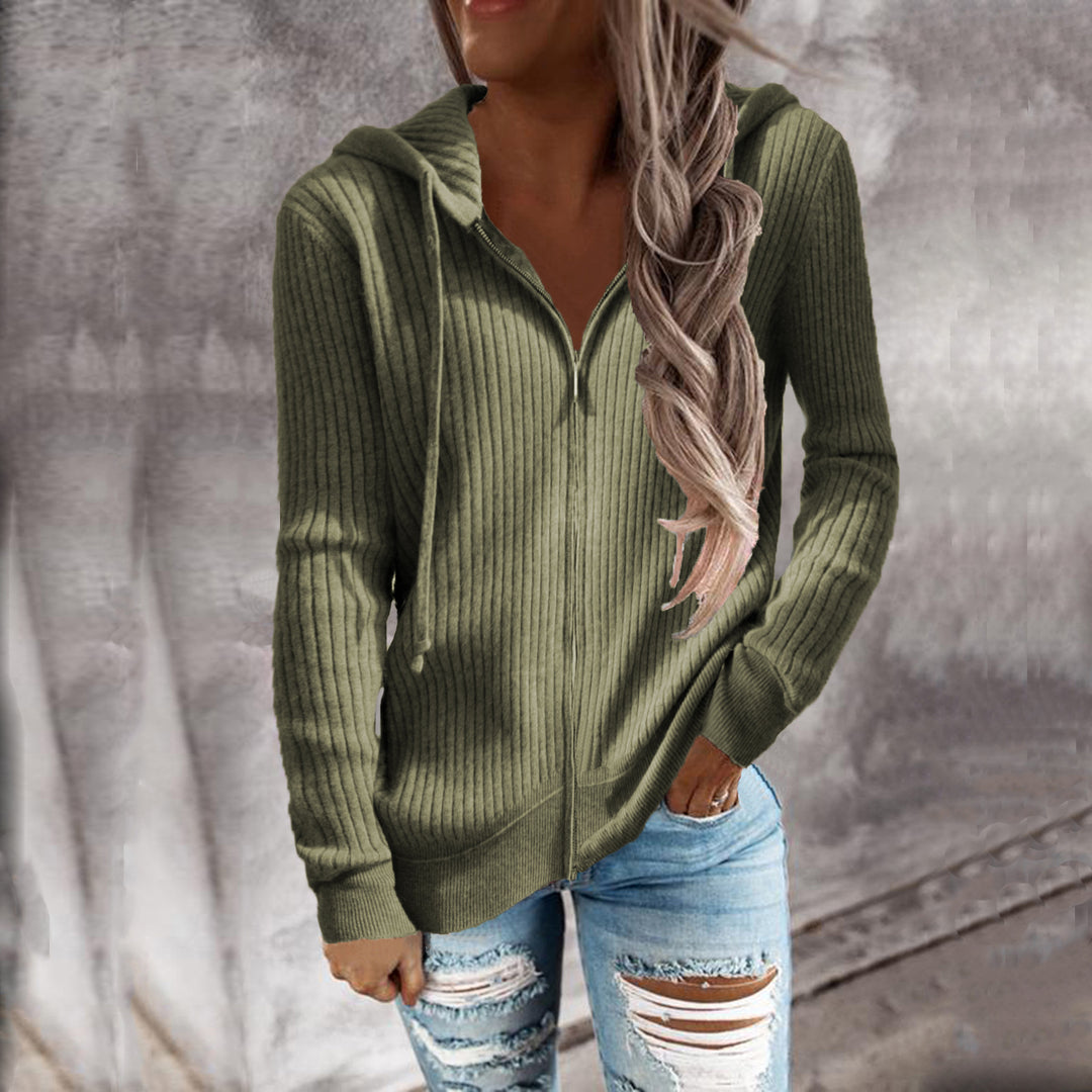 Women's Ribbed Hooded Sweater with Zipper and Front Pockets Mune Fashion