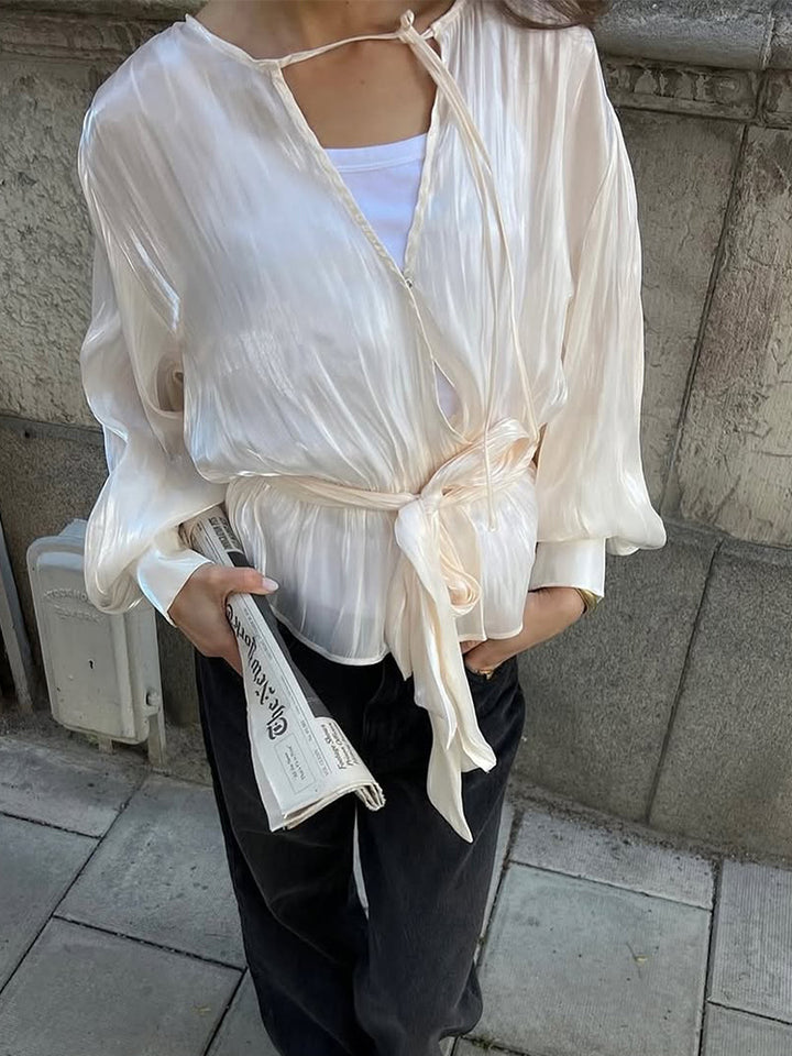 Women Elegant Wrap Blouse with Tie Belt and Voluminous Balloon Sleeves Mune Fashion