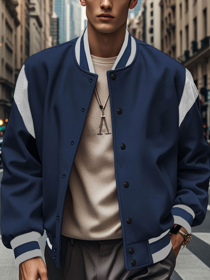 Men's lightweight college jacket in varsity look with press-stud closure, ribbed cuffs, and contrast shoulder trim Mune Fashion