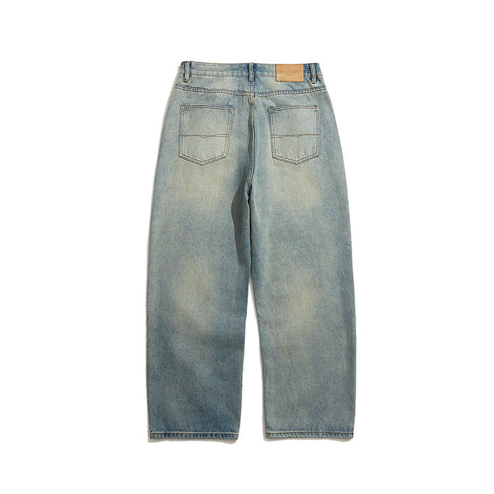 Men's Wide-Leg Denim Pants with High Waist, Vintage Wash and Five-Pocket Details Mune Fashion