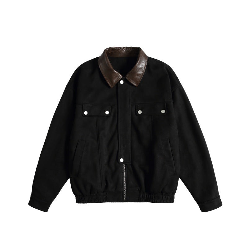 Women's short cut boxy bomber jacket with contrasting faux leather collar Mune Fashion