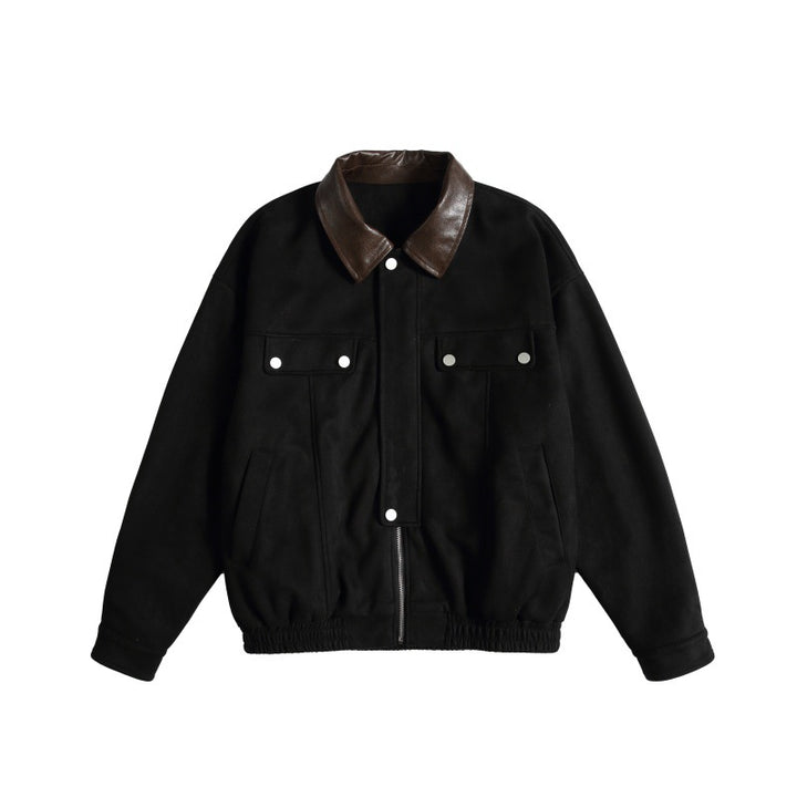 Women's short cut boxy bomber jacket with contrasting faux leather collar Mune Fashion
