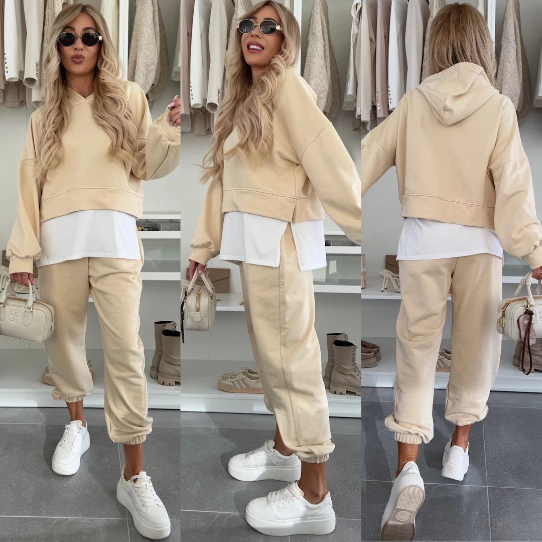 Women's Cropped Hoodie Lounge Set with asymmetrical hem, voluminous raglan sleeves and rolled joggers Mune Fashion