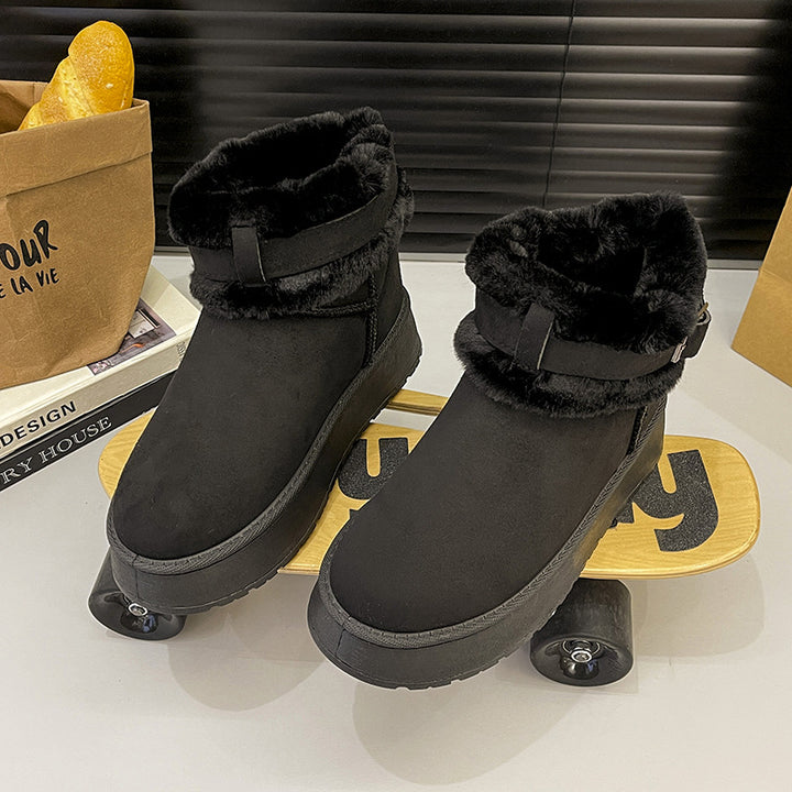 Women Insulated Short Ankle Boots with Teddy Fleece Lining, adjustable buckle strap and treaded rubber sole Mune Fashion