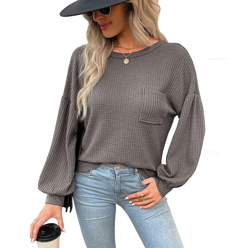Women's waffle knit long-sleeve shirt with oversized chest pocket and balloon sleeves Mune Fashion