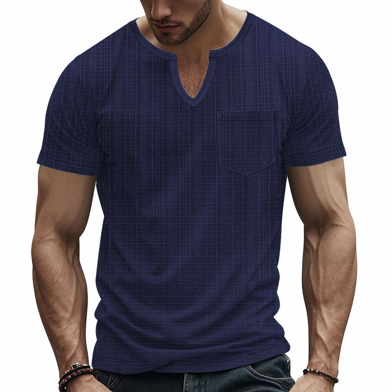 Men's short-sleeved shirt with slit V-neck structured linen look and patch chest pocket Mune Fashion