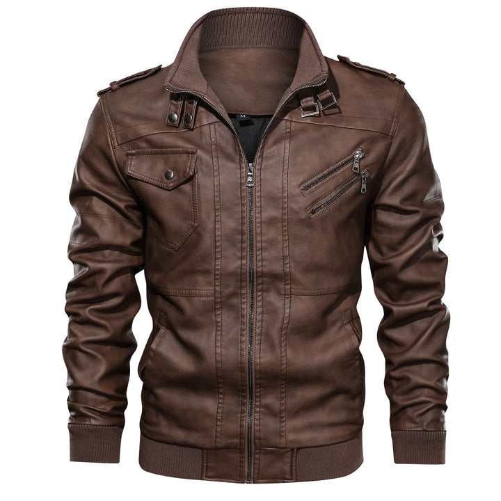 Men's biker pilot jacket made of faux leather with high collar, shoulder flaps, and ribbed cuffs Mune Fashion