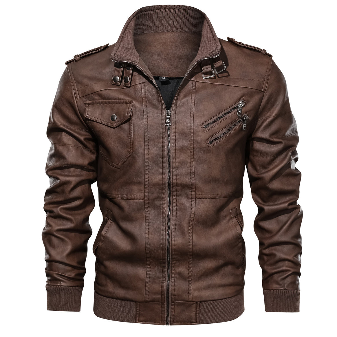 Men's Leather Bomber Jacket in Aviator Style with Stand Collar and Ribbed Cuffs Mune Fashion