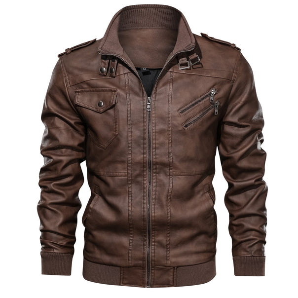 Men's Leather Bomber Jacket in Aviator Style with Stand Collar and Ribbed Cuffs Mune Fashion
