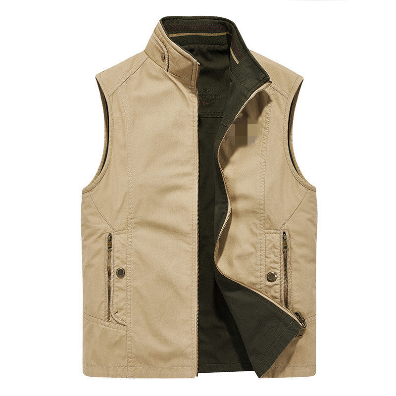 Men's Canvas Utility Vest with Stand Collar, Full-Length Zipper, and Multifunctional Outer Pockets Mune Fashion