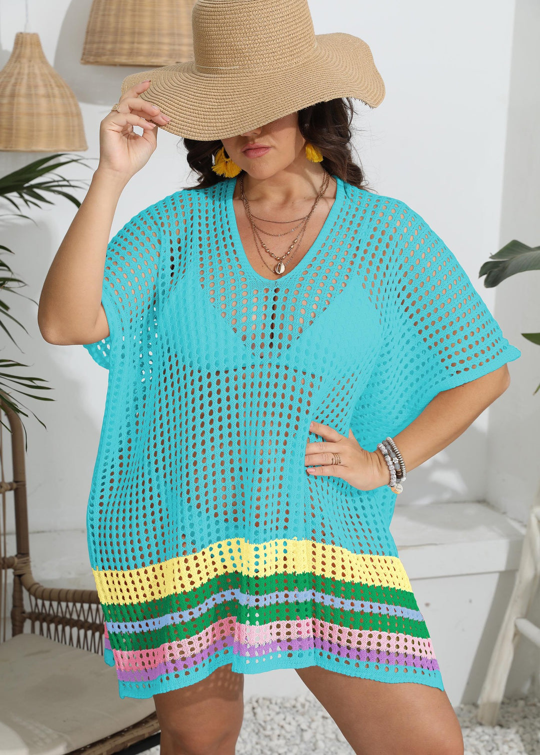 Ladies transparent beach cover-up with colorful hole design Mune Fashion