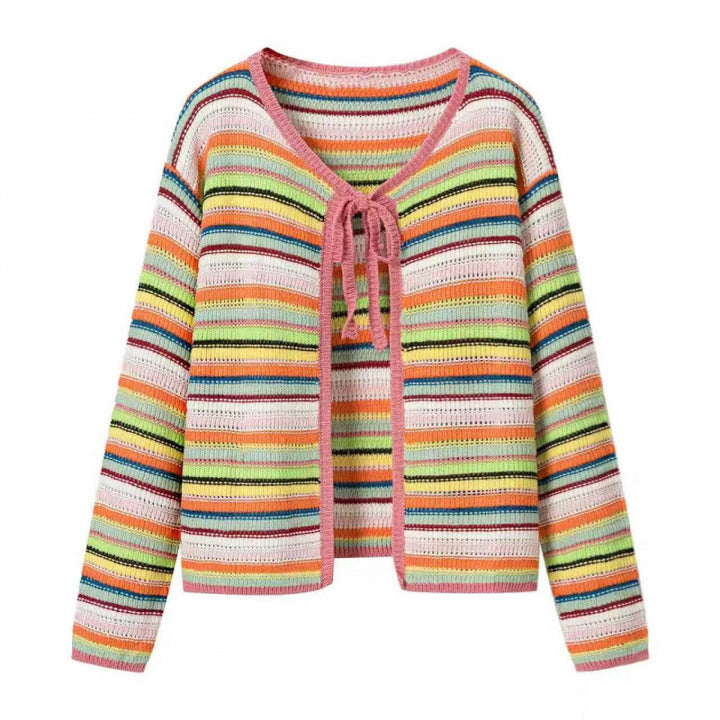 Ladies Colorful Cropped Openwork Knit Cardigan with Ties and Ribbed Hem Mune Fashion