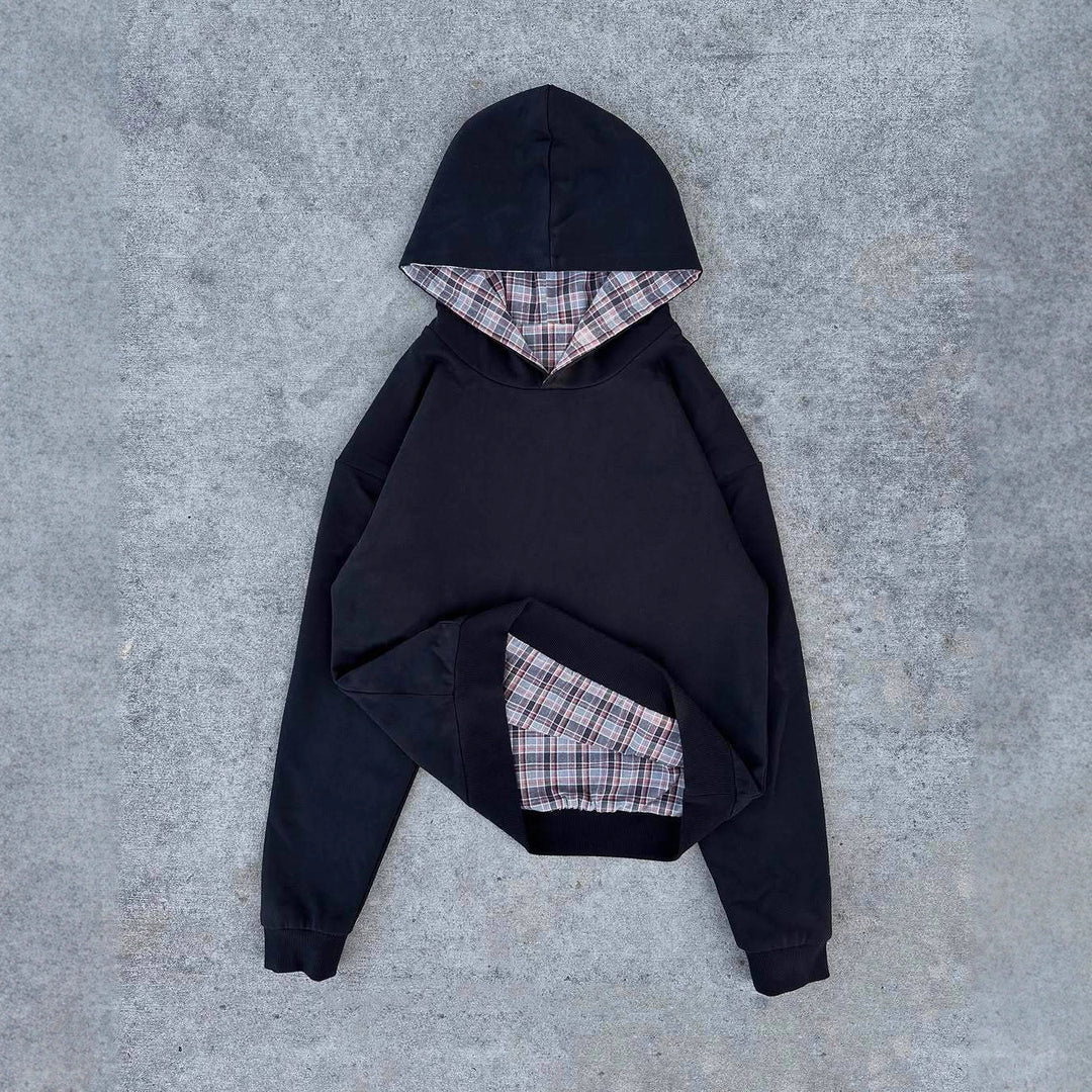 Ladies short-cut hoodie with checkered flannel lining and kangaroo pocket Mune Fashion