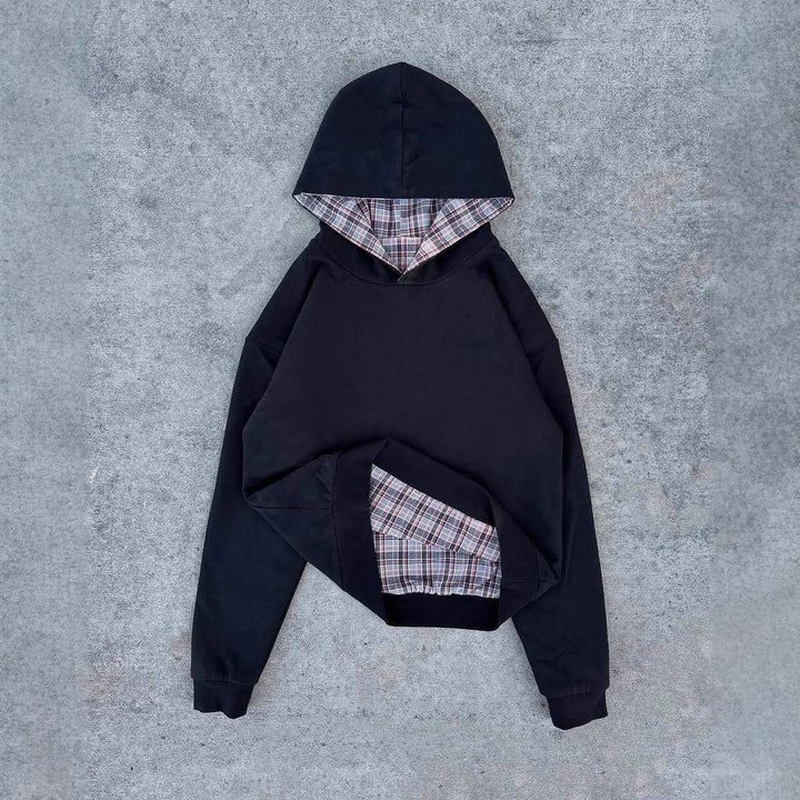 Ladies short-cut hoodie with checkered flannel lining and kangaroo pocket Mune Fashion