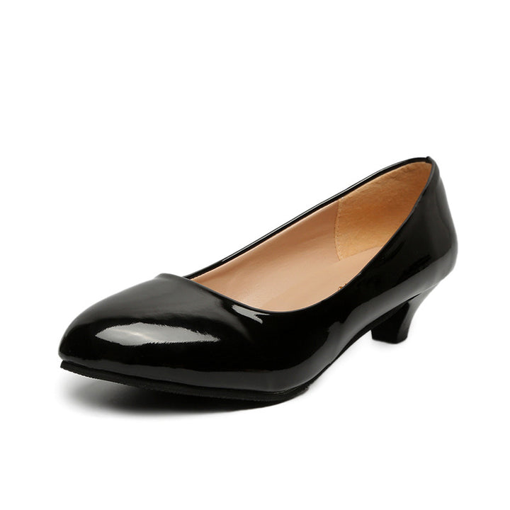 Women's pointed toe pumps in high-gloss patent look with low conical heel, padded comfort insole, and soft lining Mune Fashion