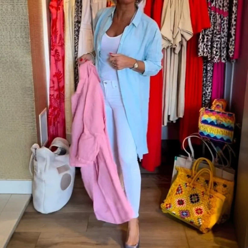 Women's open long blouse in linen mix with Kent collar, dropped shoulder and side slits Mune Fashion
