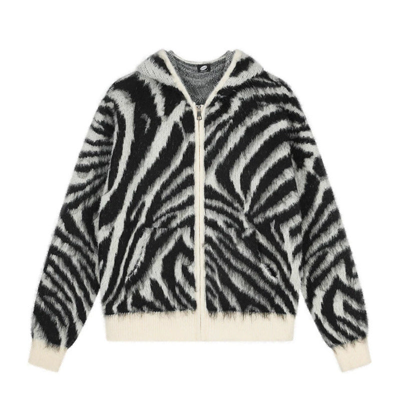 Women's Fluffy Zip Hoodie Cardigan with Zebra Jacquard and Kangaroo Pocket Mune Fashion