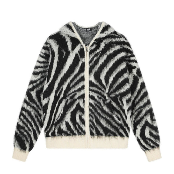 Women's Fluffy Zip Hoodie Cardigan with Zebra Jacquard and Kangaroo Pocket Mune Fashion