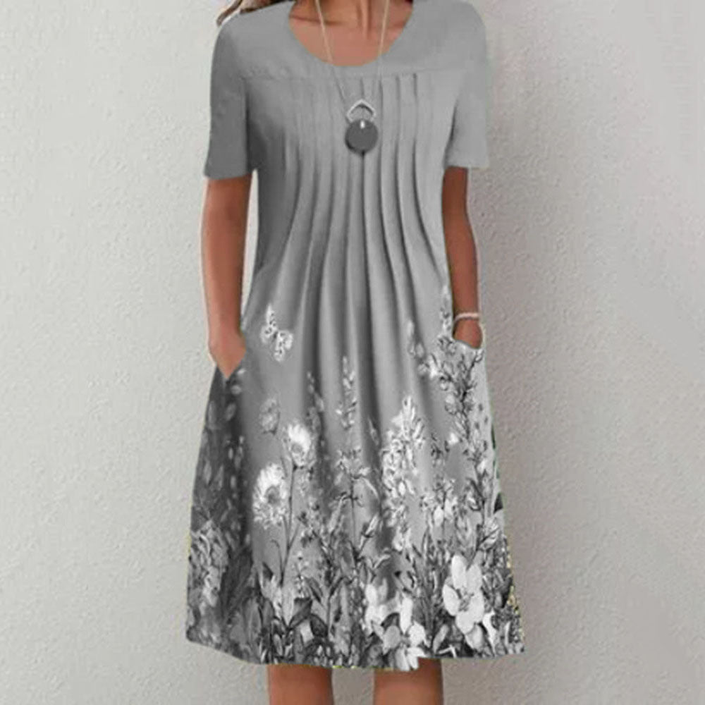 Women Pleated Midi Dress with Short Sleeves, Side Pockets and Floral Hem Mune Fashion