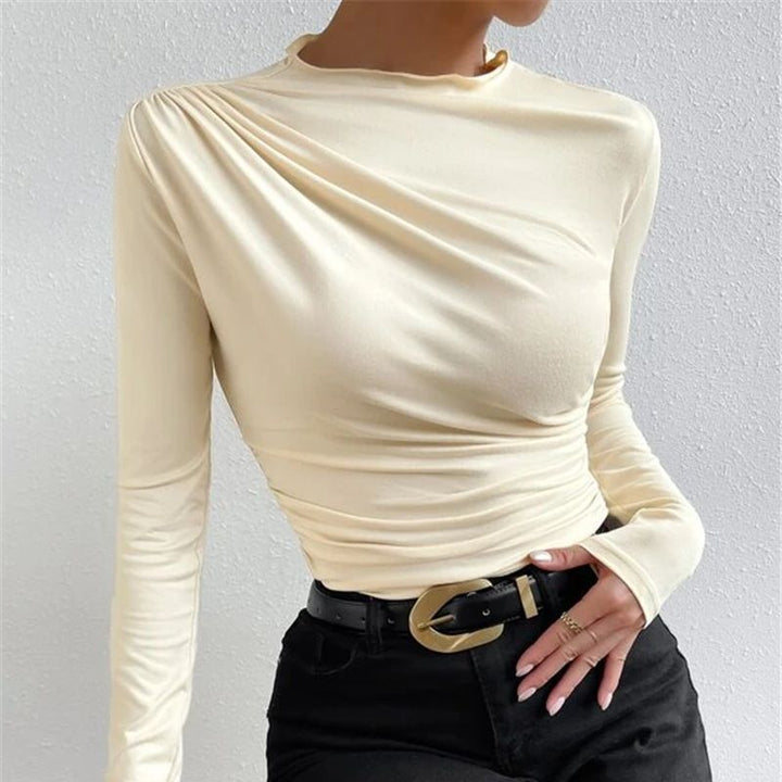 Women's Figure-hugging Long Sleeve Shirt with Side Gathering and Drapé Detail Mune Fashion