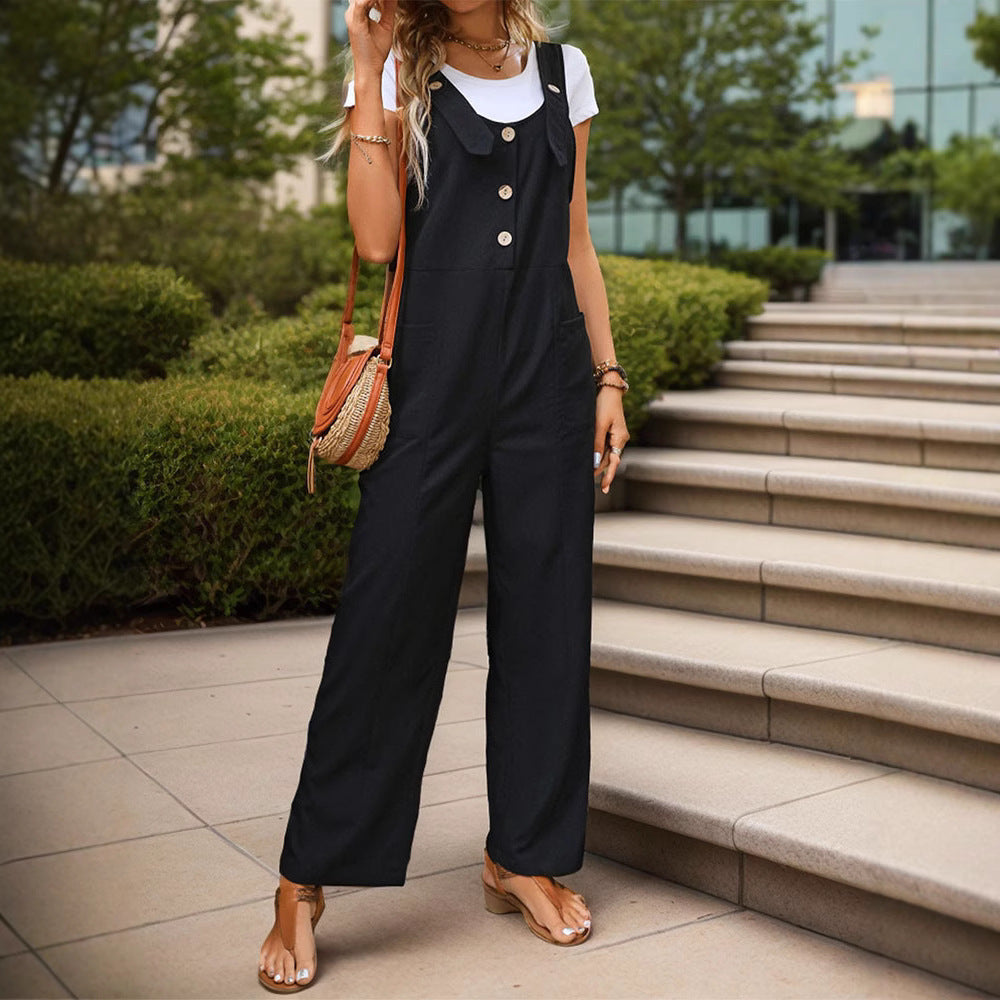 Ladies Soft-Falling Strap Jumpsuit with Wide Leg and Wooden Button Closure Mune Fashion