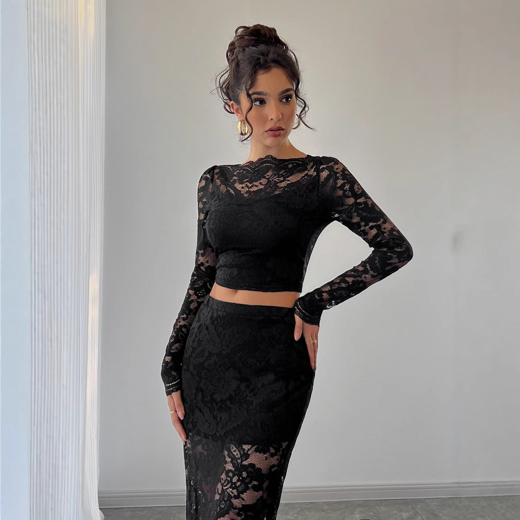 Ladies two-piece lace ensemble with cropped long sleeve top and fitted midi skirt Mune Fashion