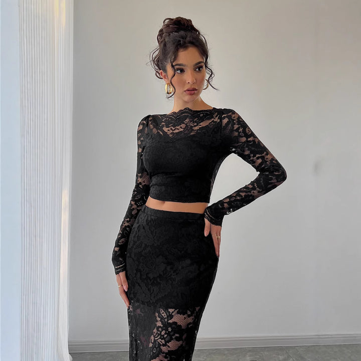 Ladies two-piece lace ensemble with cropped long sleeve top and fitted midi skirt Mune Fashion