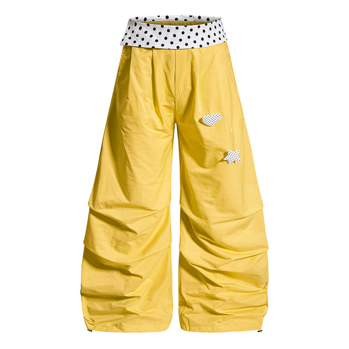 Women's Wide Palazzo Lounge Pants with Cuffed Waistband, Gathered Leg, and Application Details Mune Fashion