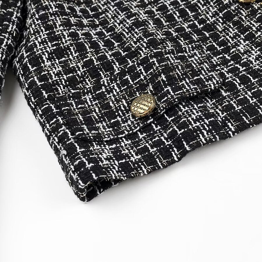 Women Short Boucle Tweed Jacket with Round Neck, Decorative Decorative Buttons and Patch Pockets Mune Fashion