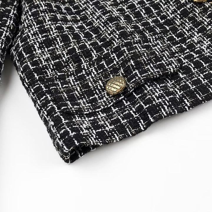 Women Short Boucle Tweed Jacket with Round Neck, Decorative Decorative Buttons and Patch Pockets Mune Fashion