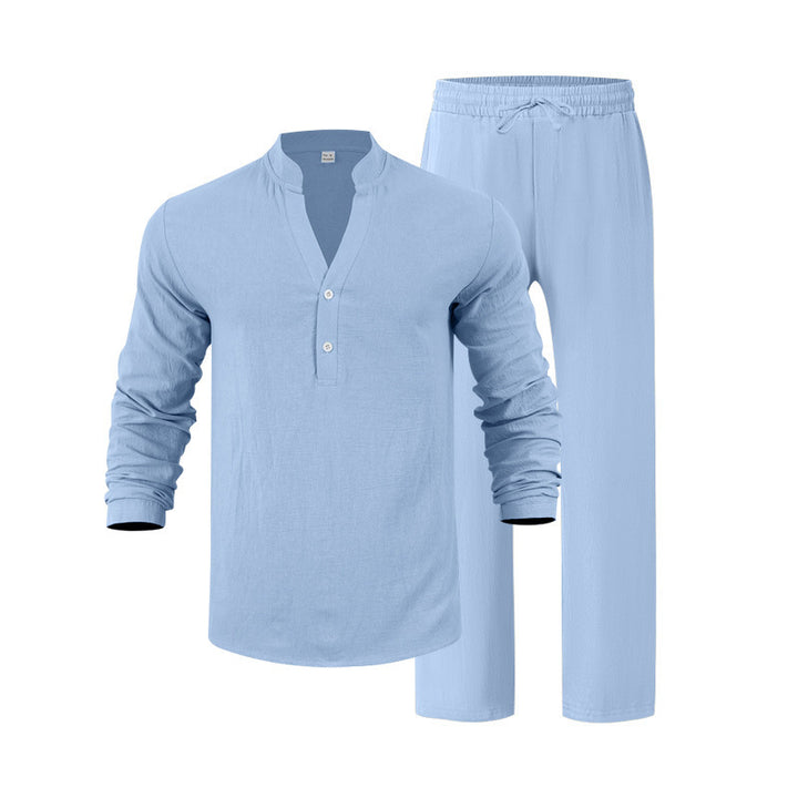 Men's nan casual Henley set in lightweight linen look with stand-up collar and elastic drawstring pants Mune Fashion