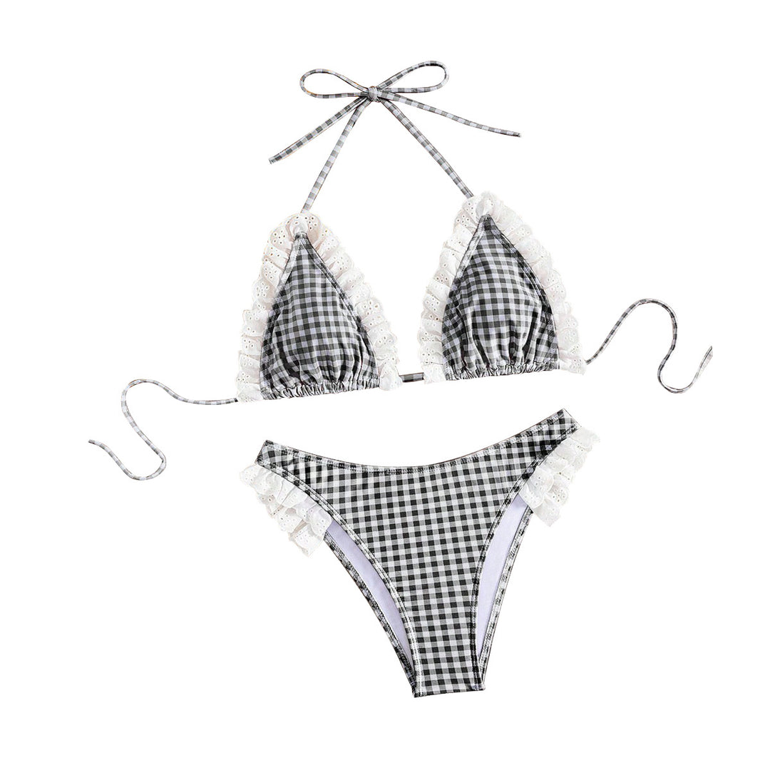Women's Triangle Bikini with Ruffle Details and Checkered Design Mune Fashion