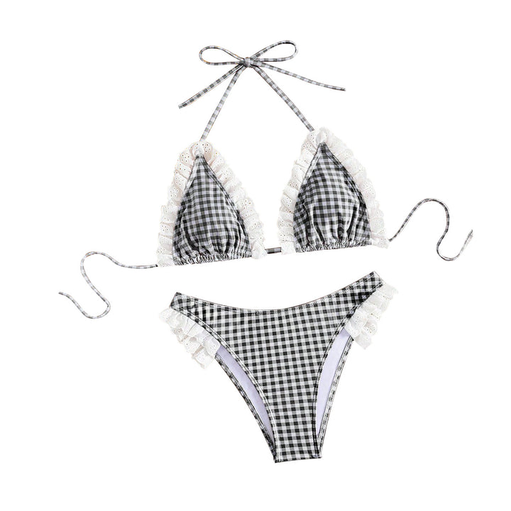 Women's Triangle Bikini with Ruffle Details and Checkered Design Mune Fashion