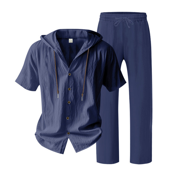 Men's urban leisure set with short-sleeved hoodie shirt, button placket, and straight comfort pants with drawstring Mune Fashion